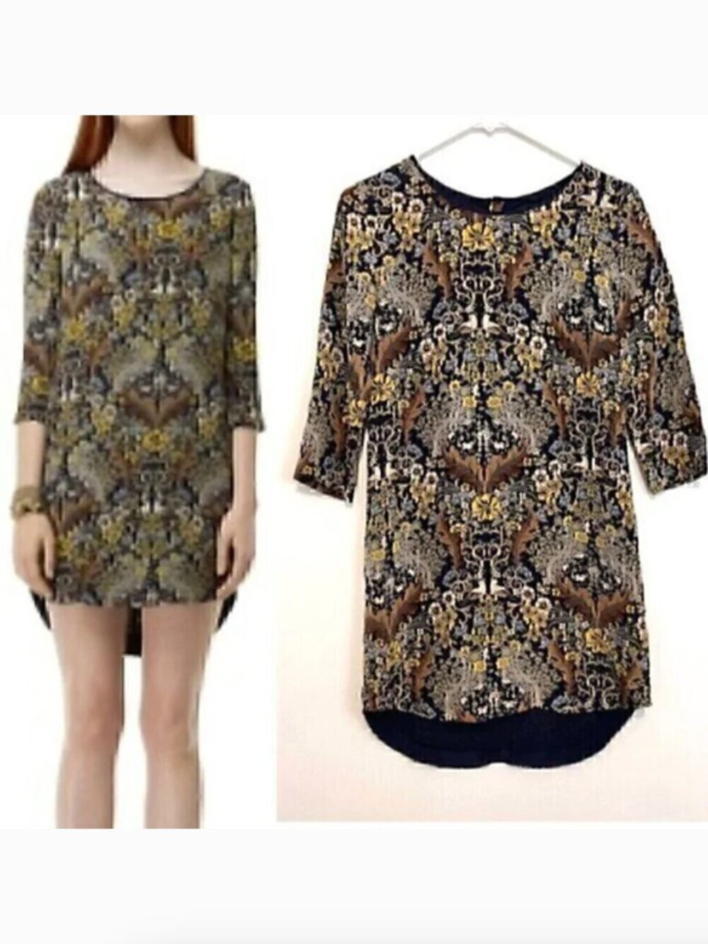 CLUB MONACO Navy Blue Tan Floral Brocade Animal Bird 3/4 Sleeve Mini Shift Dress